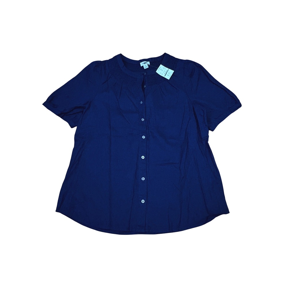 J.Crew Top Womens S Navy Smocked Neck Short Sleeve Linen Cotton Blouse NWT